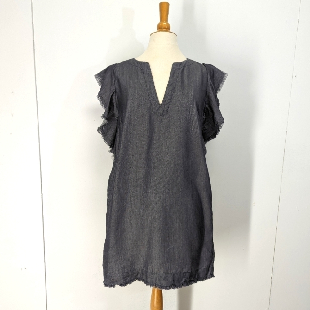 Elan Chambray Denim Ruffle Sleeve Shift Dress Summer Spring Loose fit M
